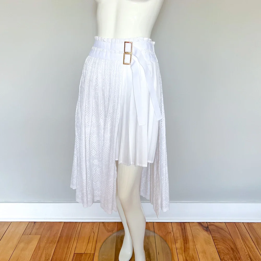 Liu Jo White Eyelet Pleated Cotton Asymmetrical Skirt 6US 42IT Italy Made NWT